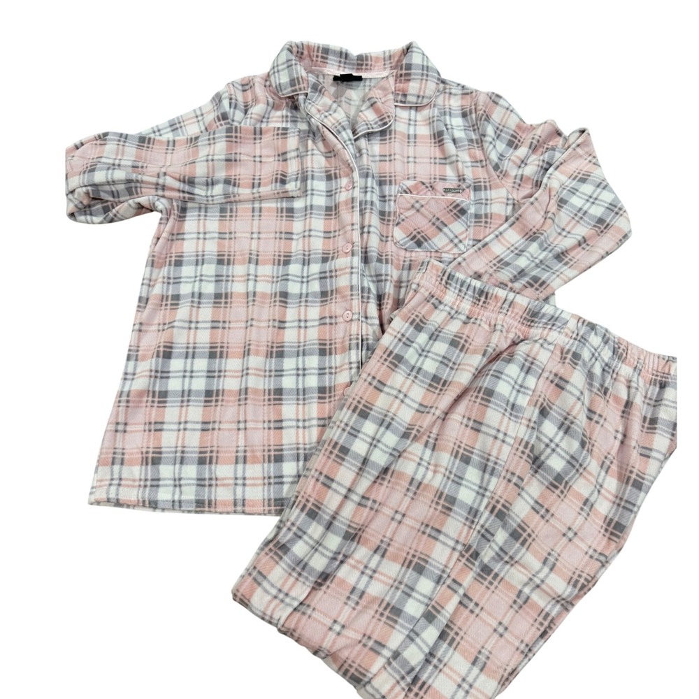 Tahari Womens Pink Plaid Fleece Pajama Set Long Sleeve Button Up Pants Medium